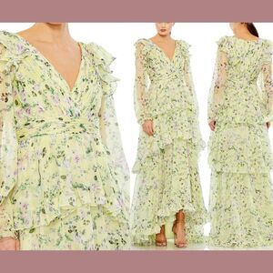 NWT $598‎ Mac Duggal [ 14 ] Floral Chiffon Tiered Ruffle Puff Sleeve Gown #S1010